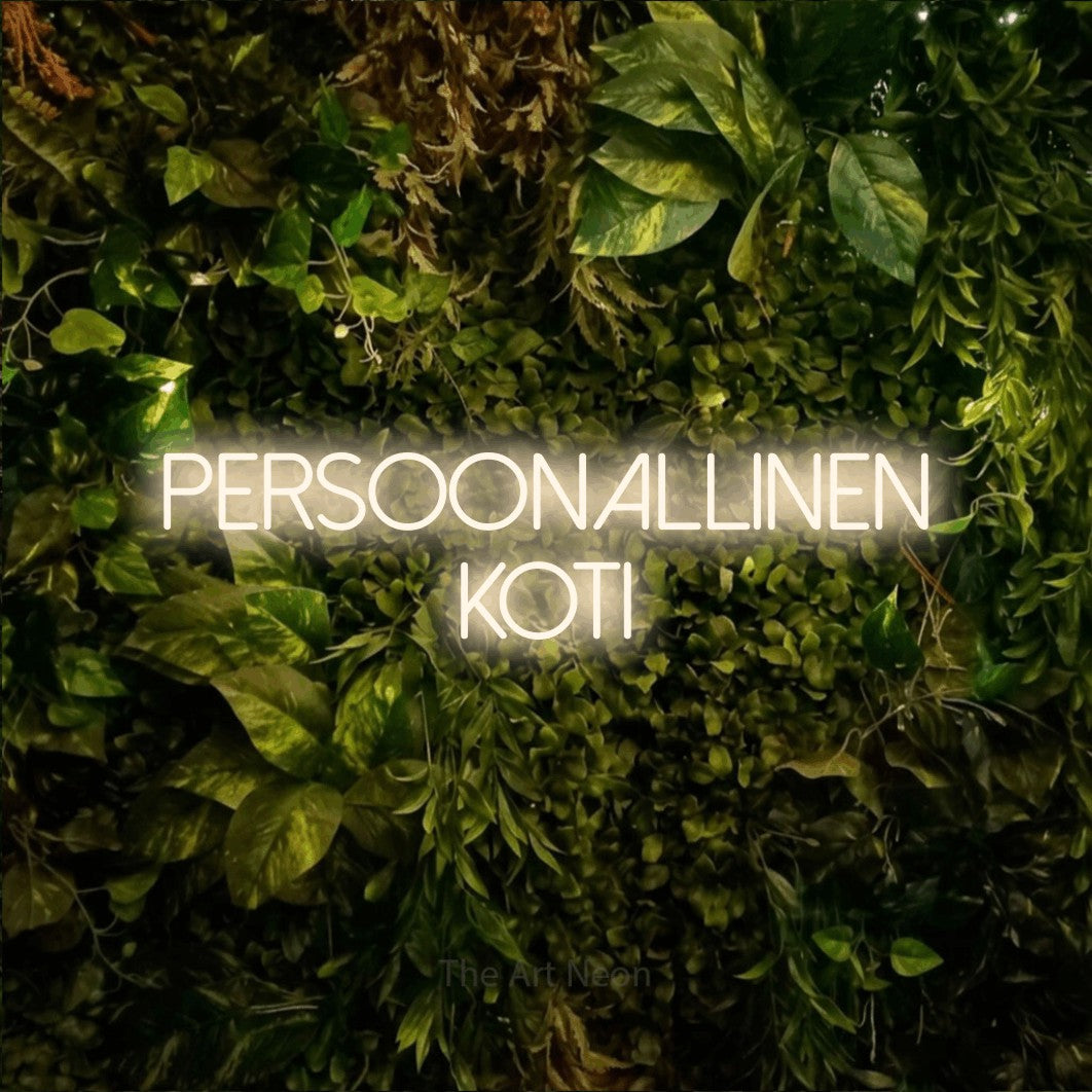 LED neon sign reading “Persoonallinen koti”, arranged in 2 lines.