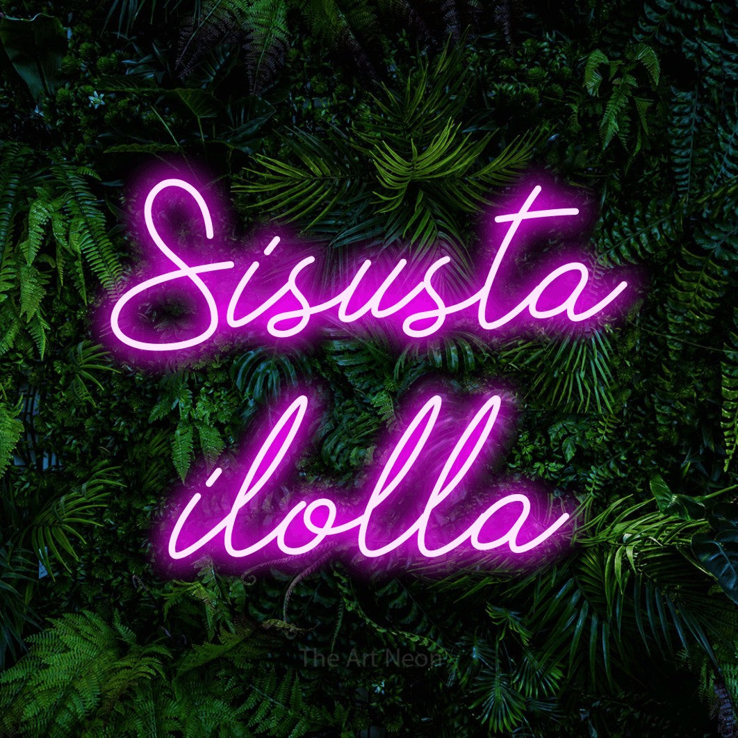 LED neon sign reading “Sisusta ilolla”, arranged in 2 lines.