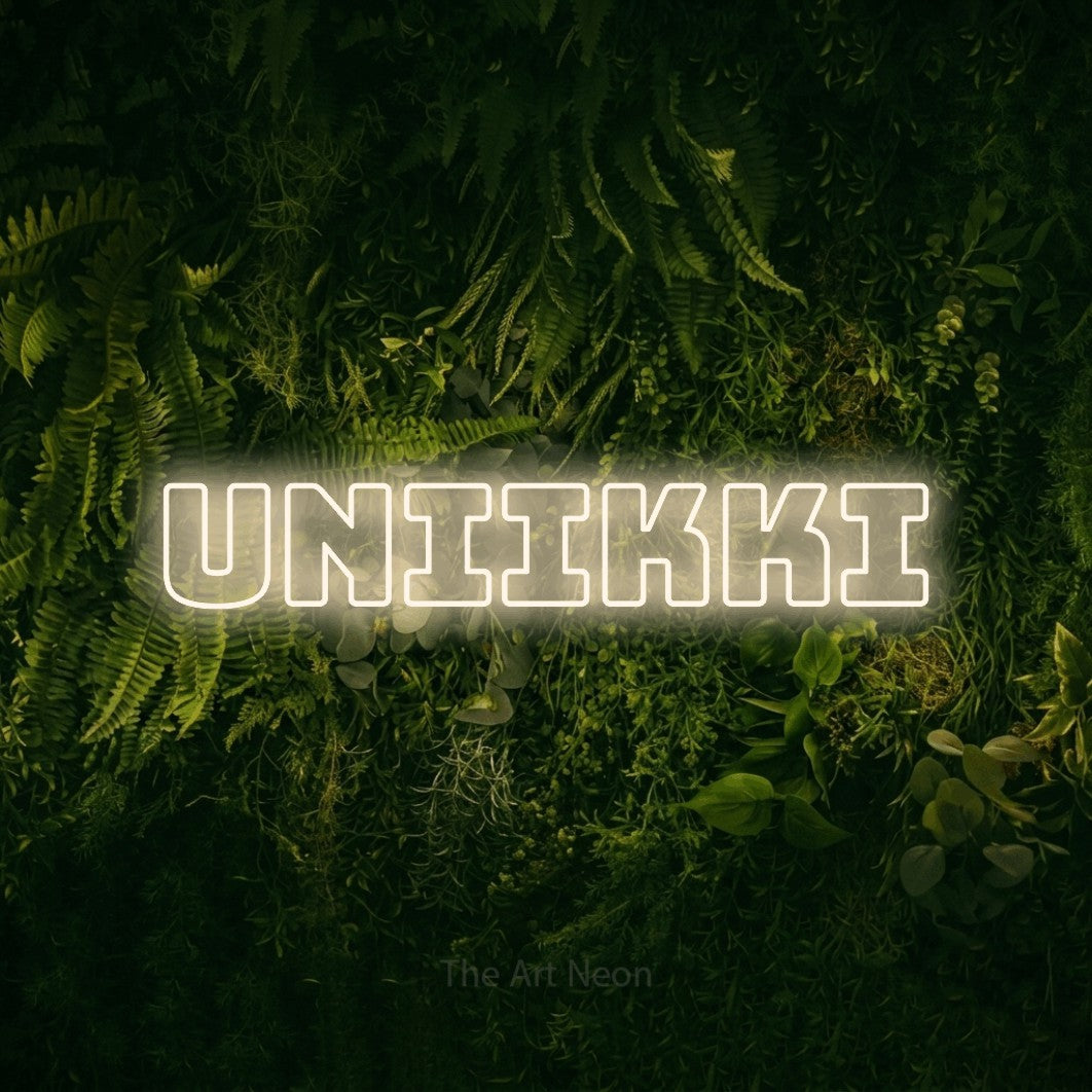 LED neon sign reading “Uniikki”, arranged in a single line.