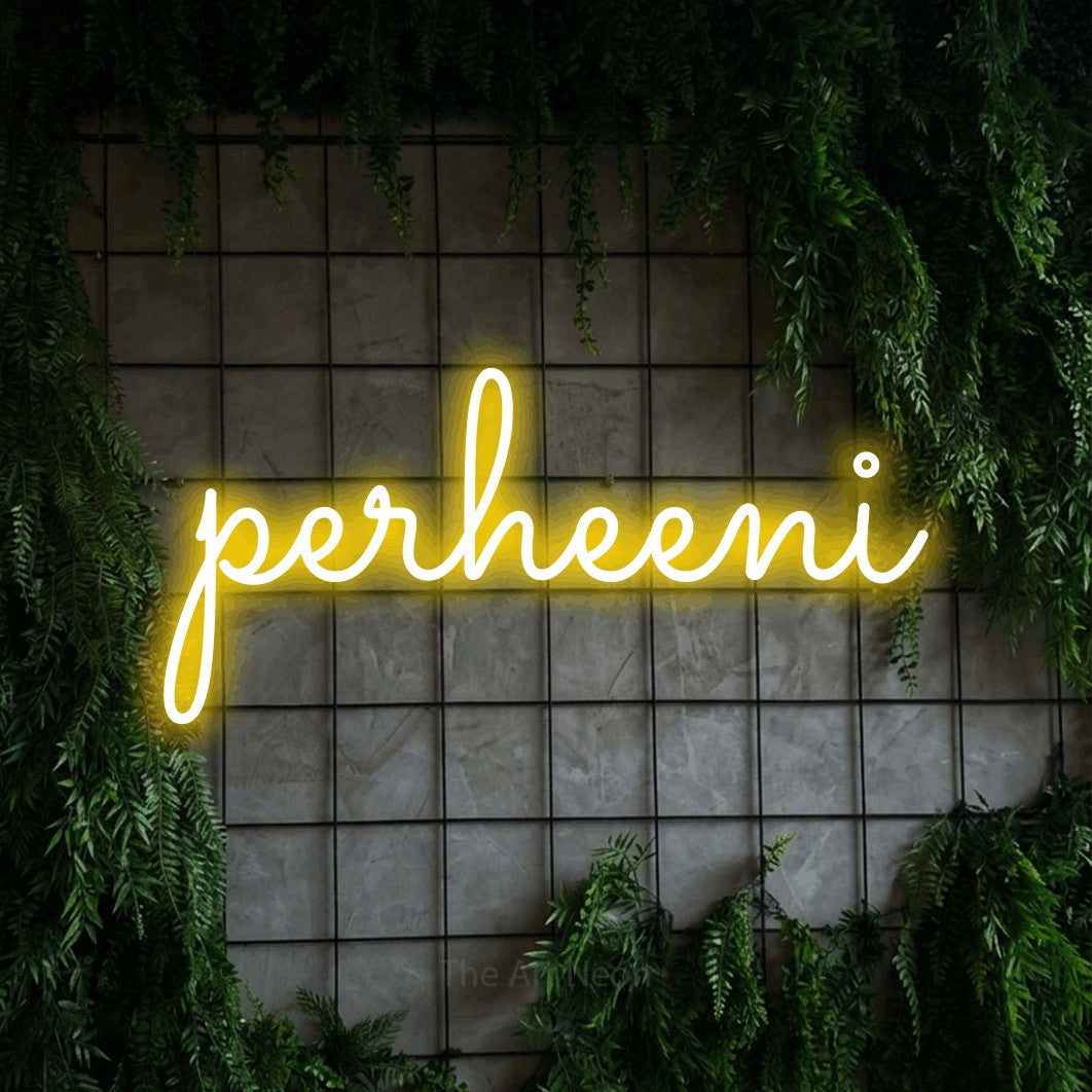 LED neon sign reading “perheeni”, arranged in a single line.