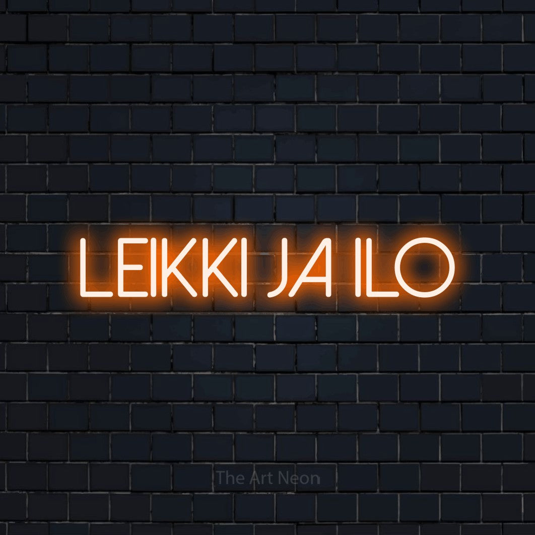 LED neon sign reading “Leikki ja ilo”, arranged in a single line.