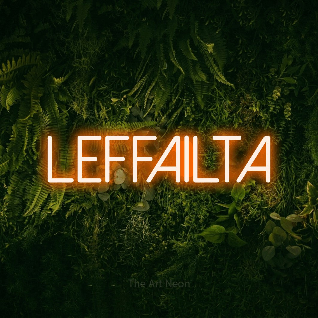 LED neon sign reading “LEFFAILTA”, arranged in a single line.