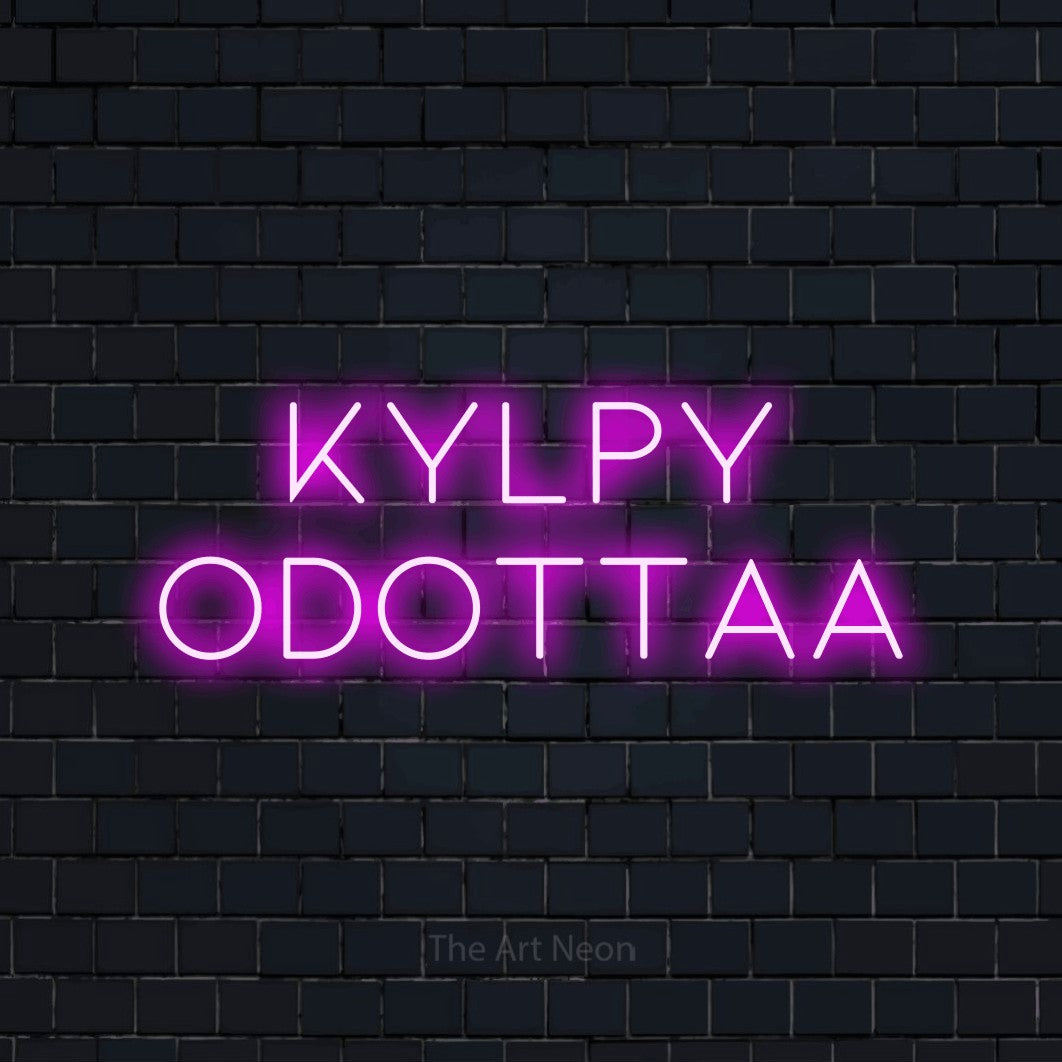 LED neon sign reading “kylpy ODOTTAA”, arranged in 2 lines.