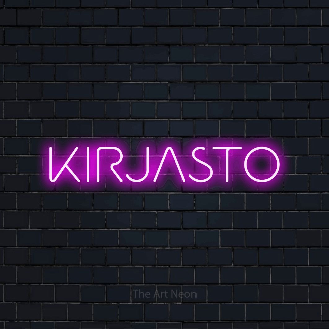 LED neon sign reading “KIRJASTO”, arranged in a single line.