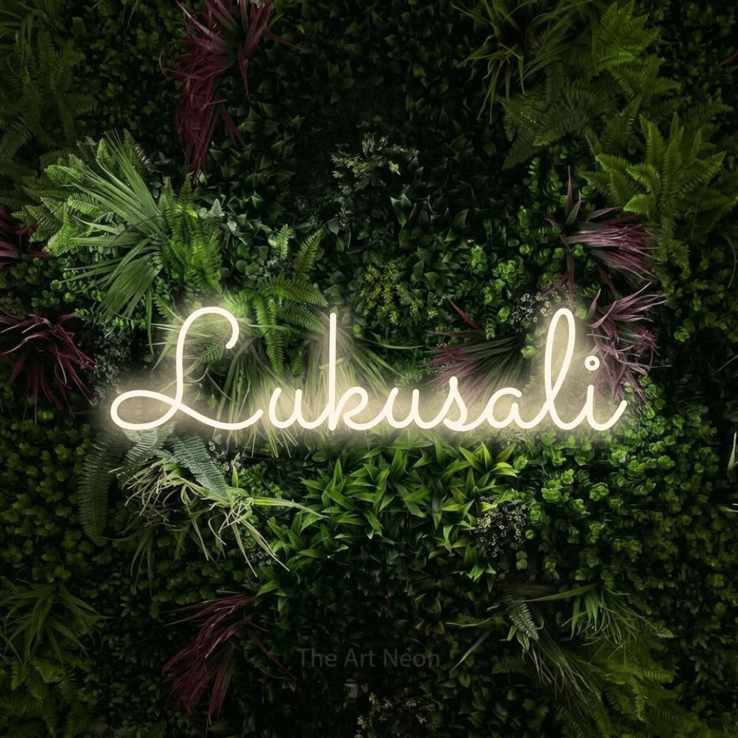 LED neon sign reading “Lukusali”, arranged in a single line.