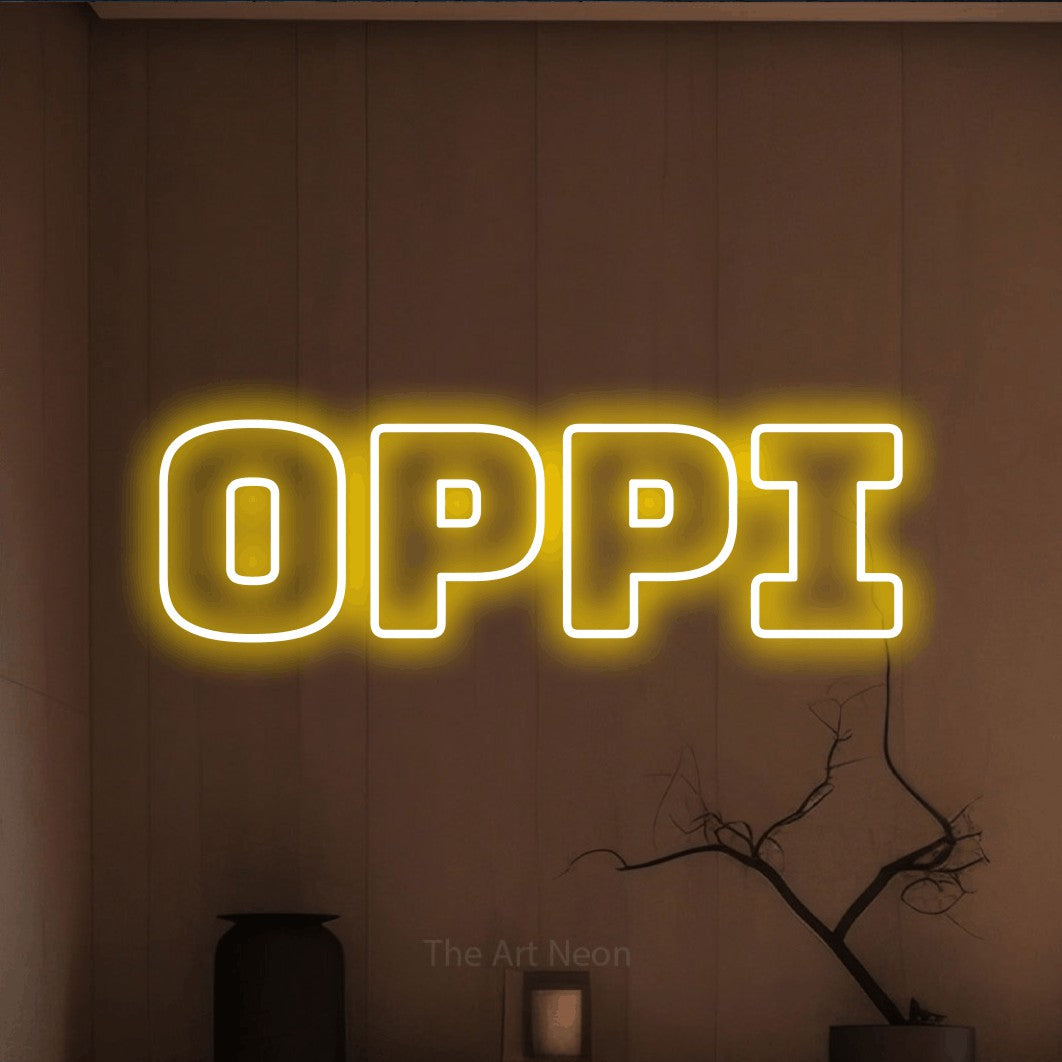LED neon sign reading “Oppi”, arranged in a single line.
