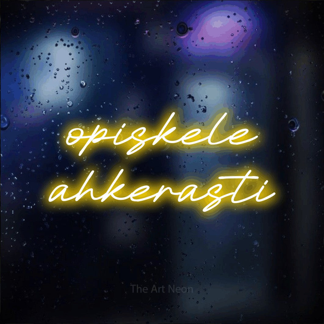 LED neon sign reading “opiskele ahkerasti”, arranged in 2 lines.