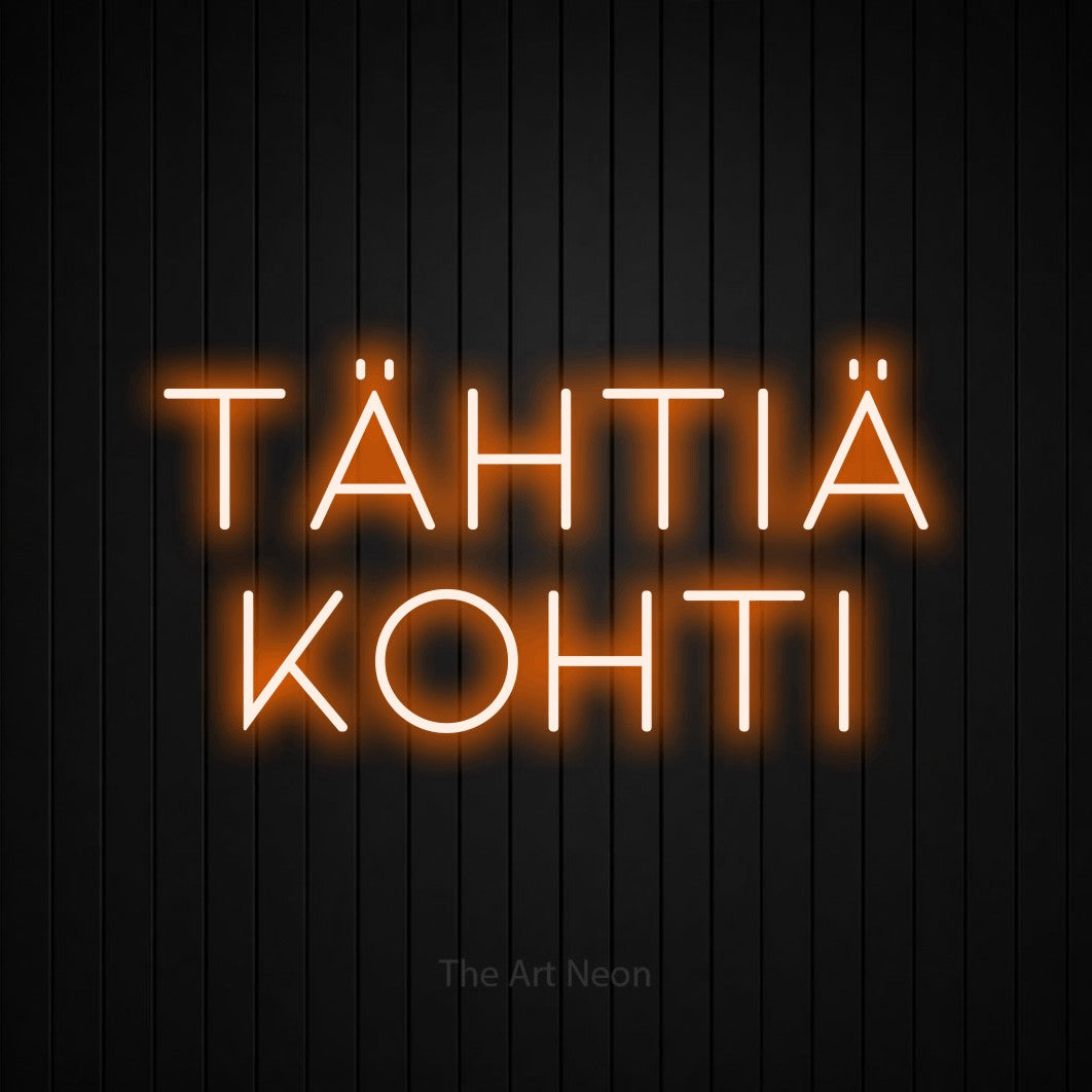 LED neon sign reading “Tähtiä kohti”, arranged in 2 lines.