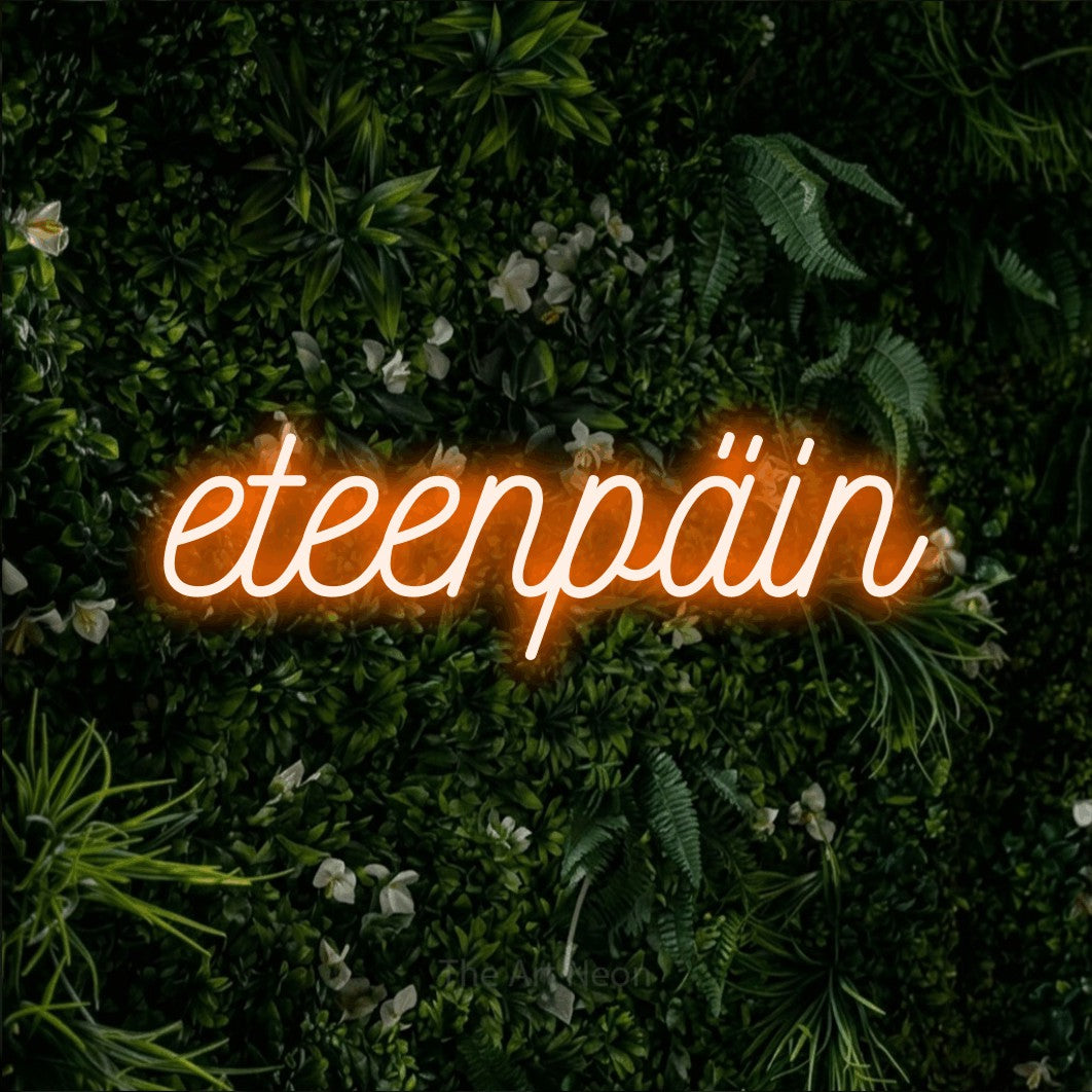 LED neon sign reading “eteenpäin”, arranged in a single line.