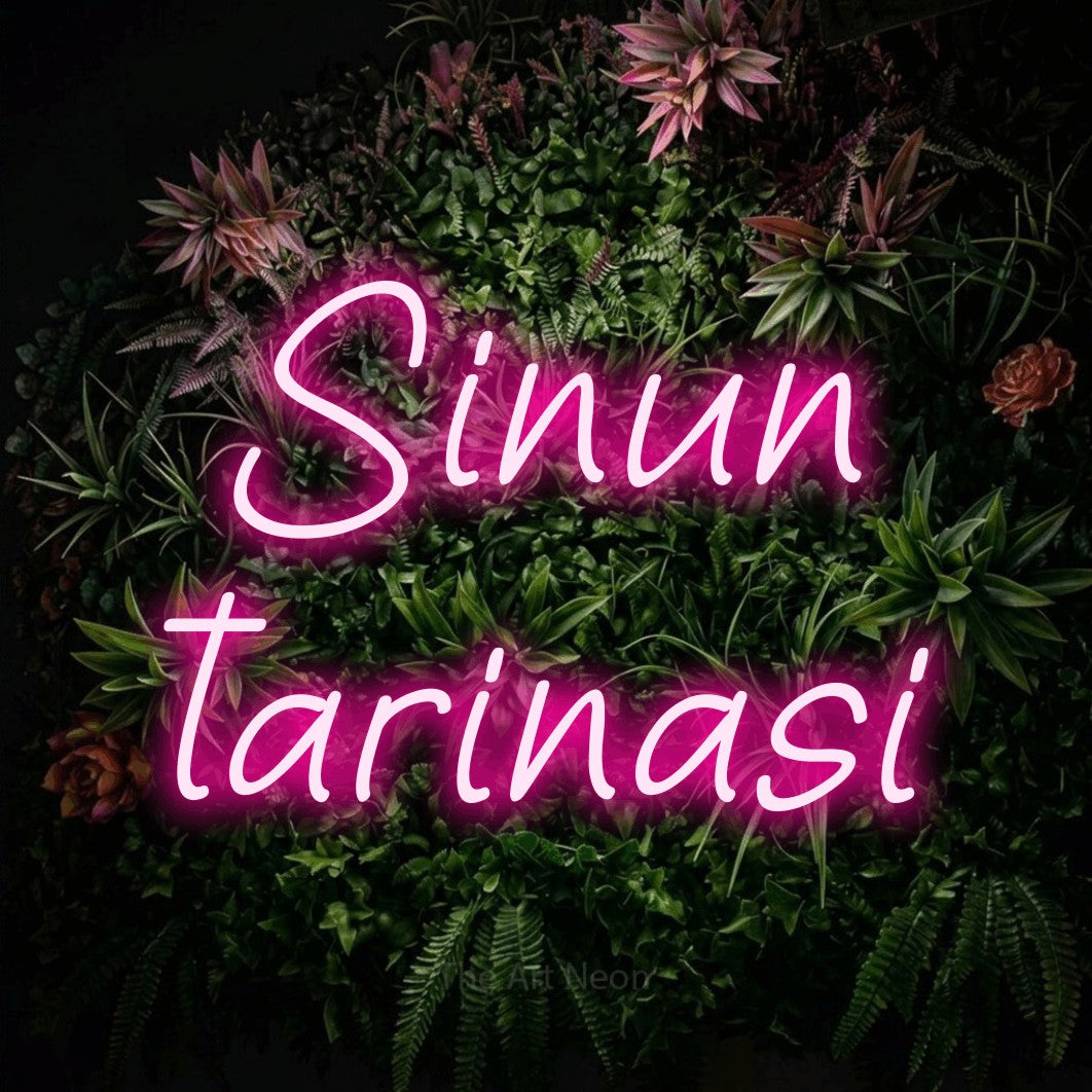 LED neon sign reading “Sinun tarinasi”, arranged in 2 lines.