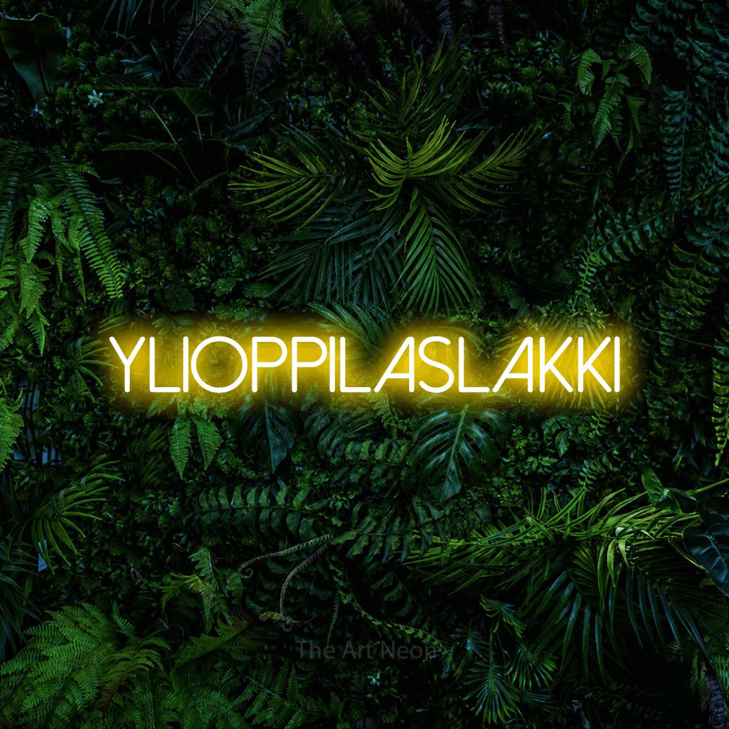 LED neon sign reading “Ylioppilaslakki”, arranged in a single line.