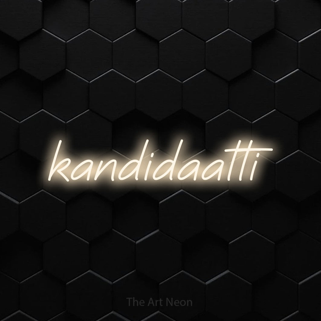 LED neon sign reading “kandidaatti”, arranged in a single line.