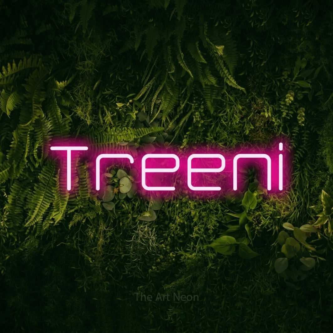 LED neon sign reading “Treeni”, arranged in a single line.