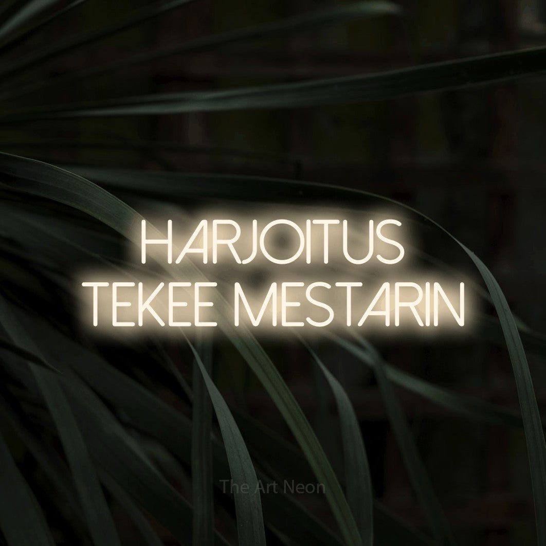 LED neon sign reading “harjoitus tekee mestarin”, arranged in 2 lines.