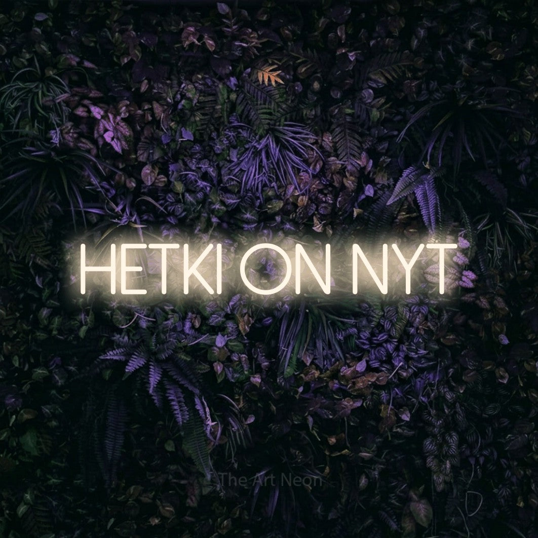 LED neon sign reading “Hetki on nyt”, arranged in a single line.