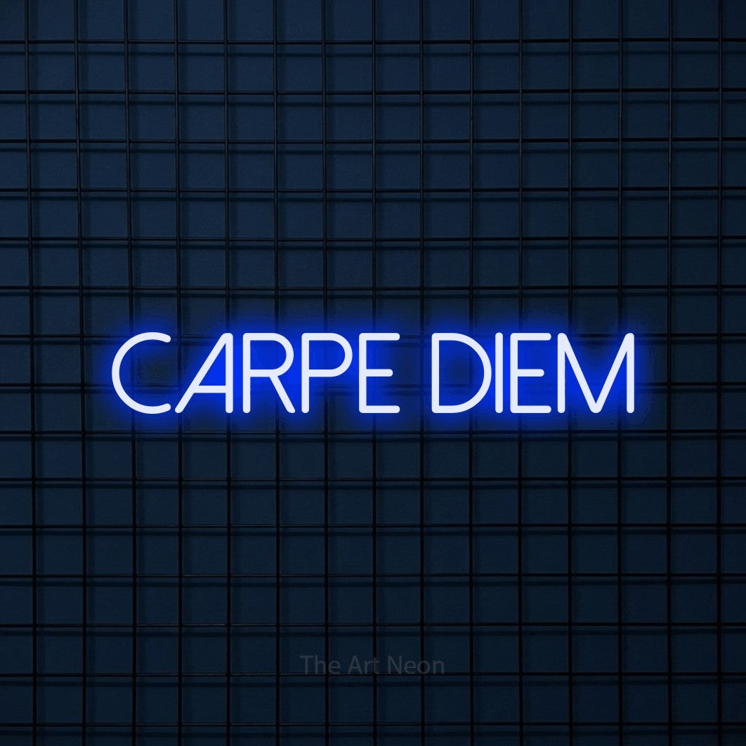 LED neon sign reading “Carpe diem”, arranged in a single line.