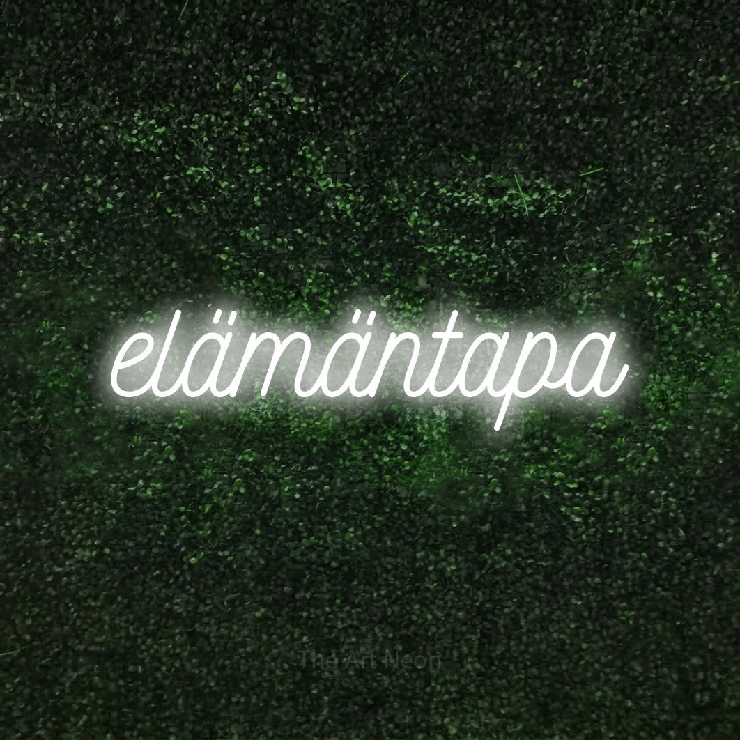 LED neon sign reading “elämäntapa”, arranged in a single line.