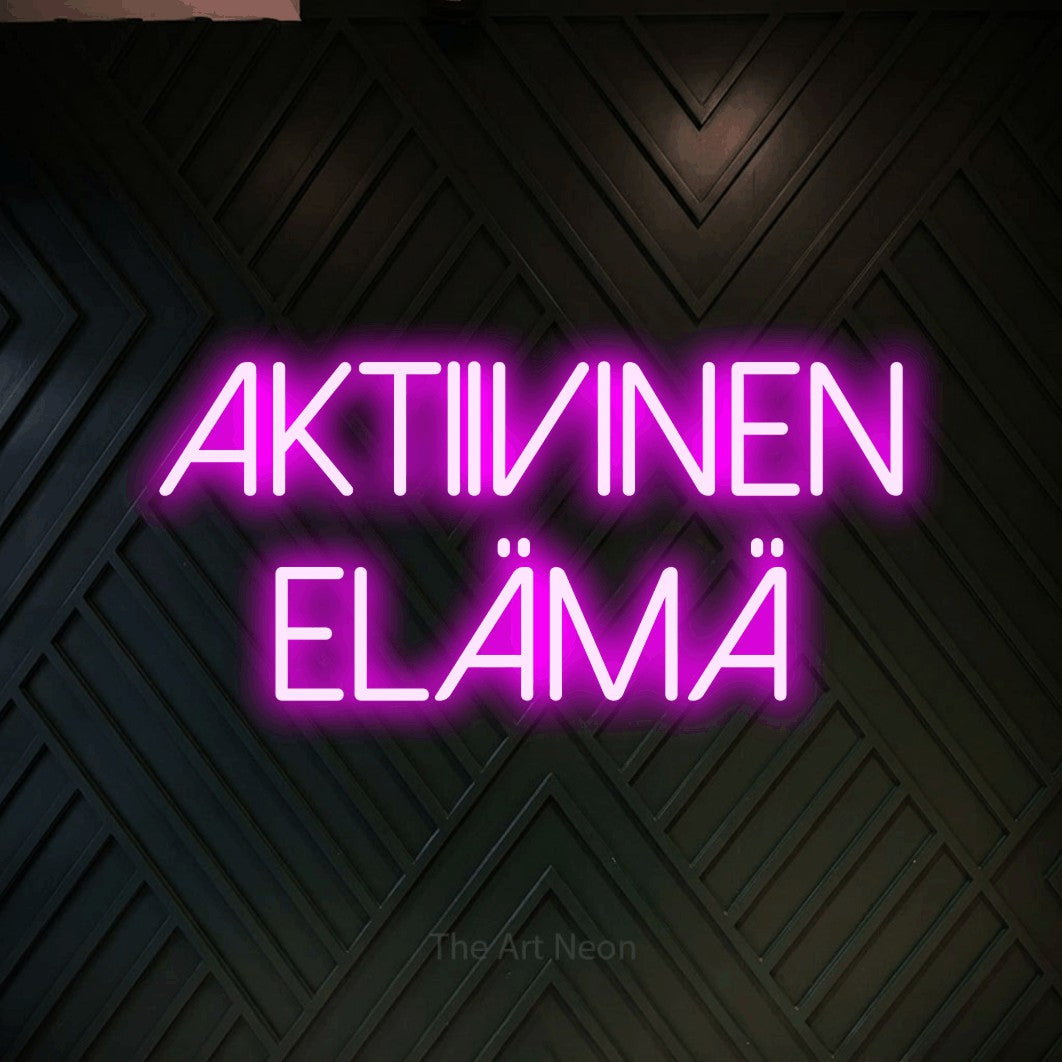 LED neon sign reading “Aktiivinen elämä”, arranged in 2 lines.