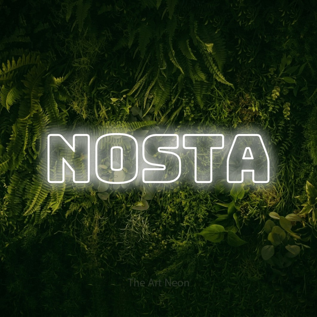 LED neon sign reading “Nosta”, arranged in a single line.