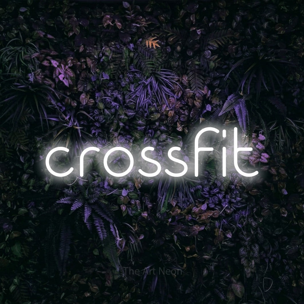 LED neon sign reading “crossfit”, arranged in a single line.