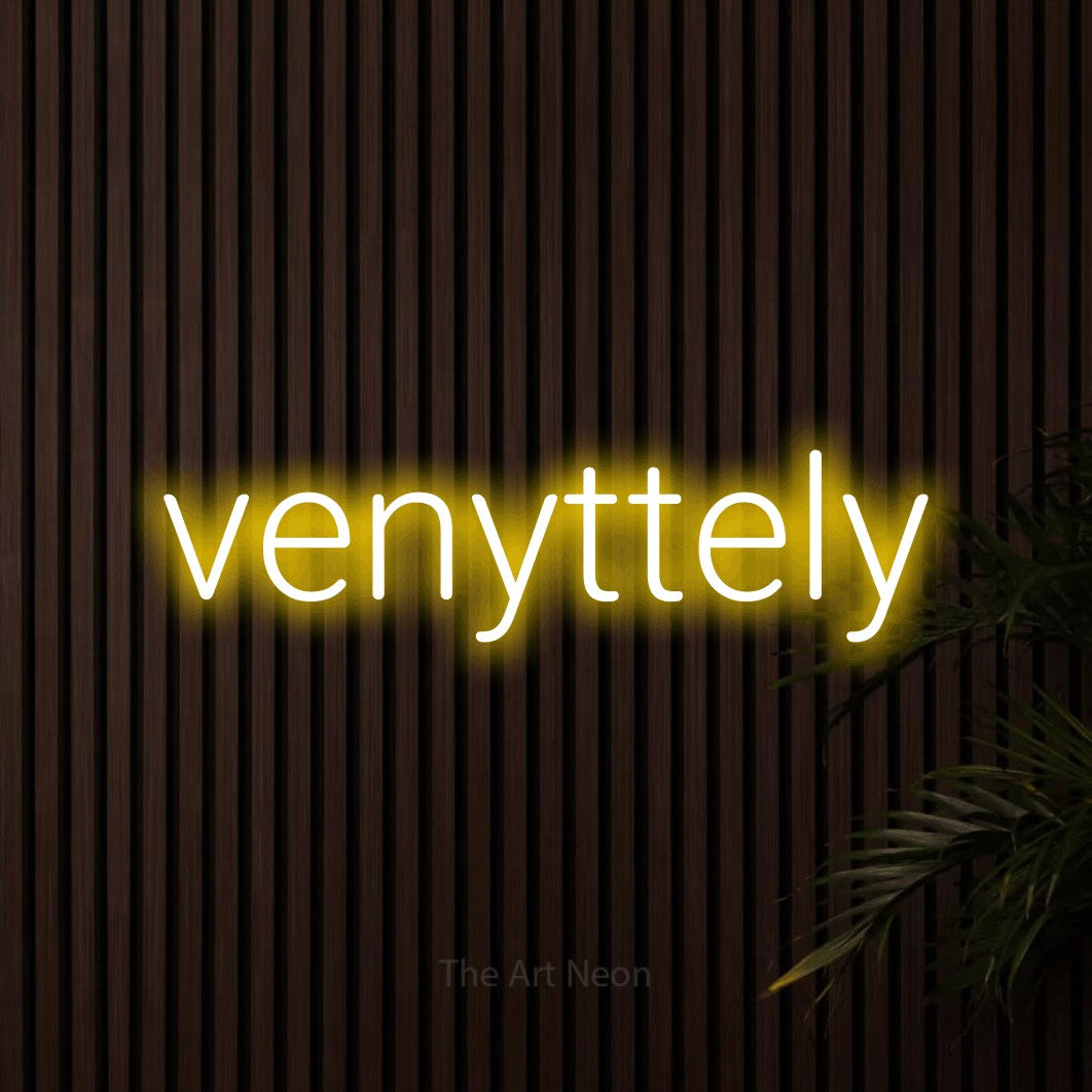 LED neon sign reading “venyttely”, arranged in a single line.