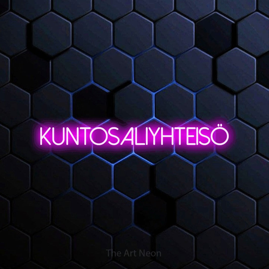 LED neon sign reading “Kuntosaliyhteisö”, arranged in a single line.