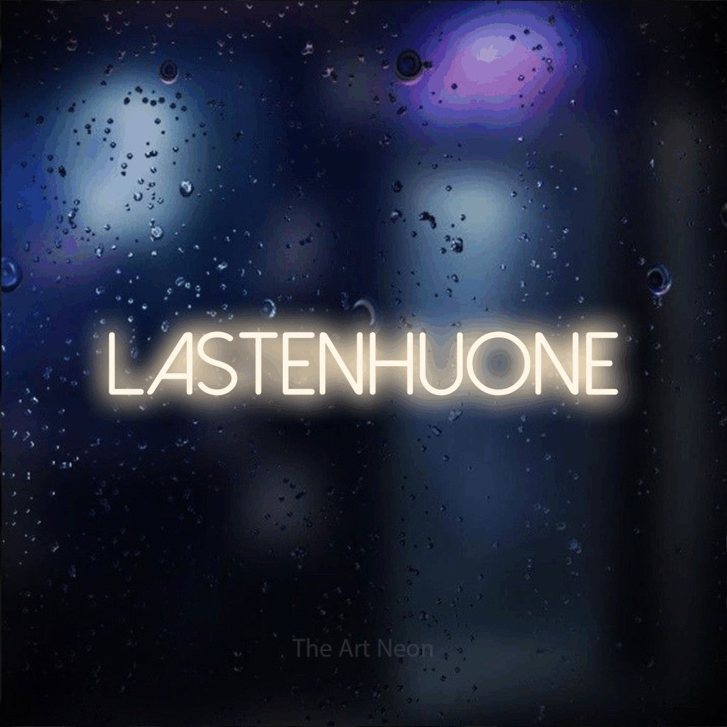 LED neon sign reading “LASTENHUONE”, arranged in a single line.