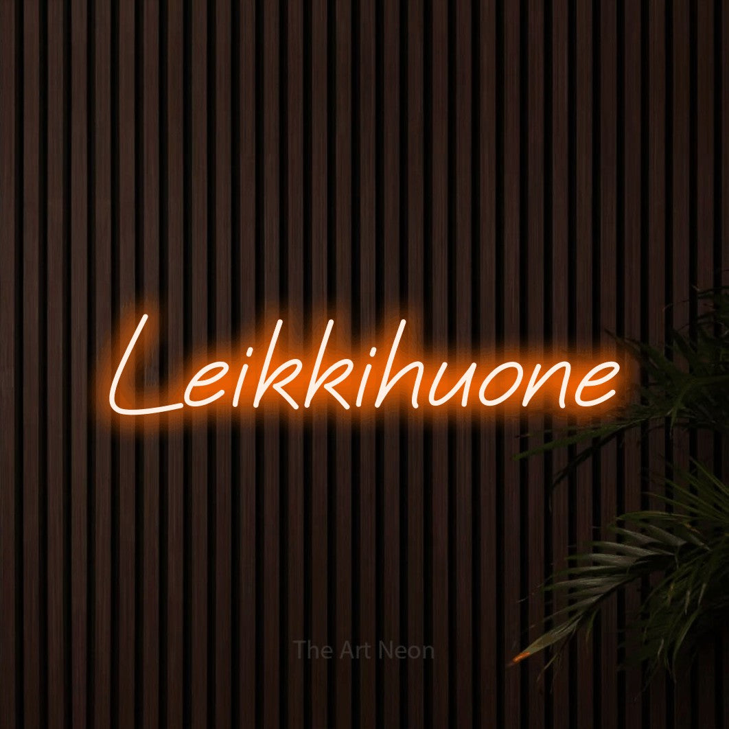 LED neon sign reading “Leikkihuone”, arranged in a single line.