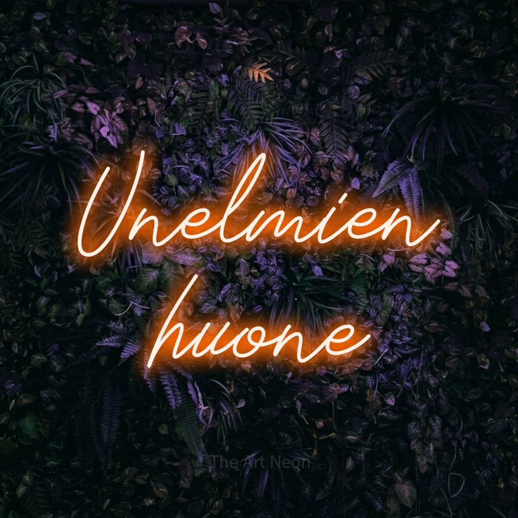 LED neon sign reading “Unelmien huone”, arranged in 2 lines.