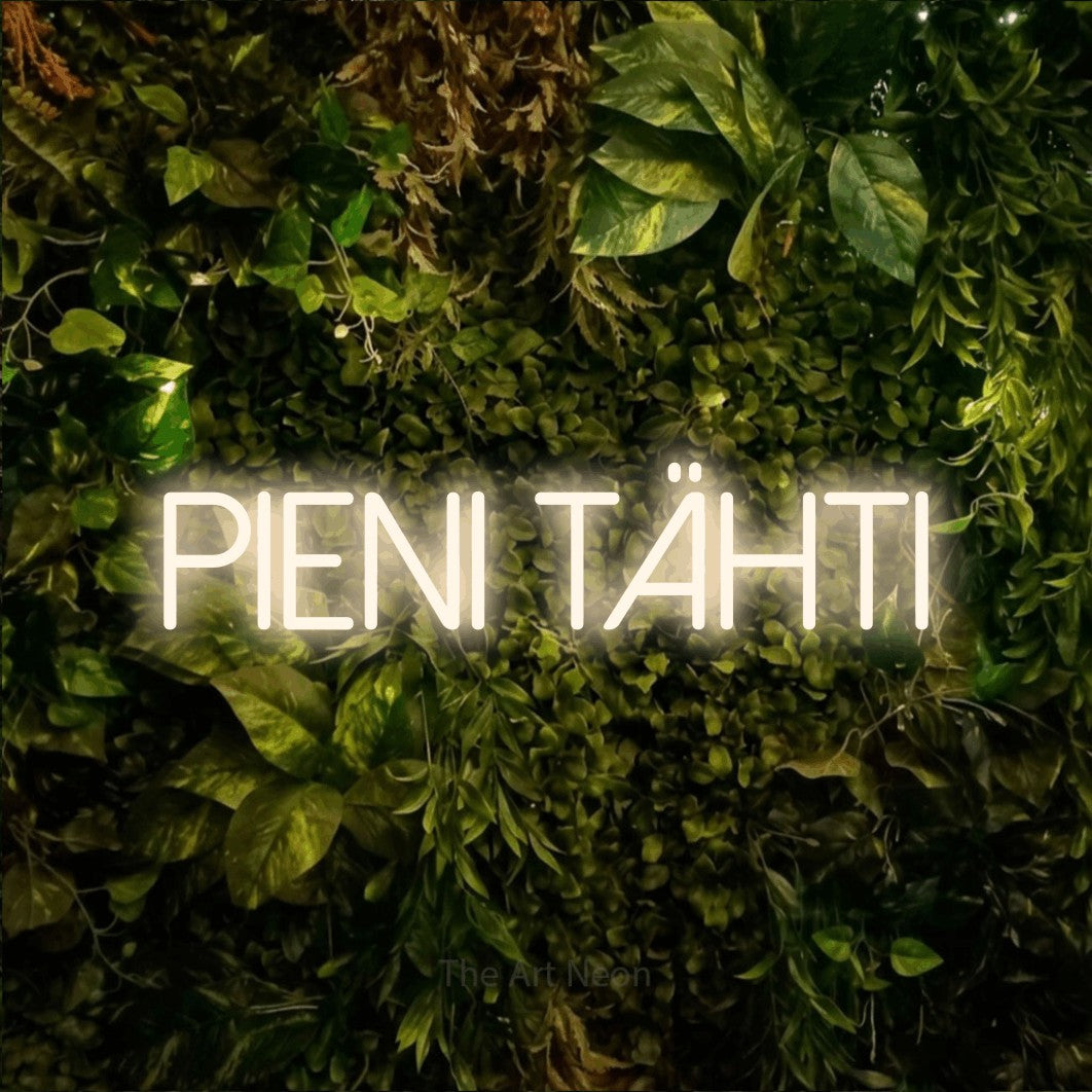 LED neon sign reading “Pieni tähti”, arranged in a single line.