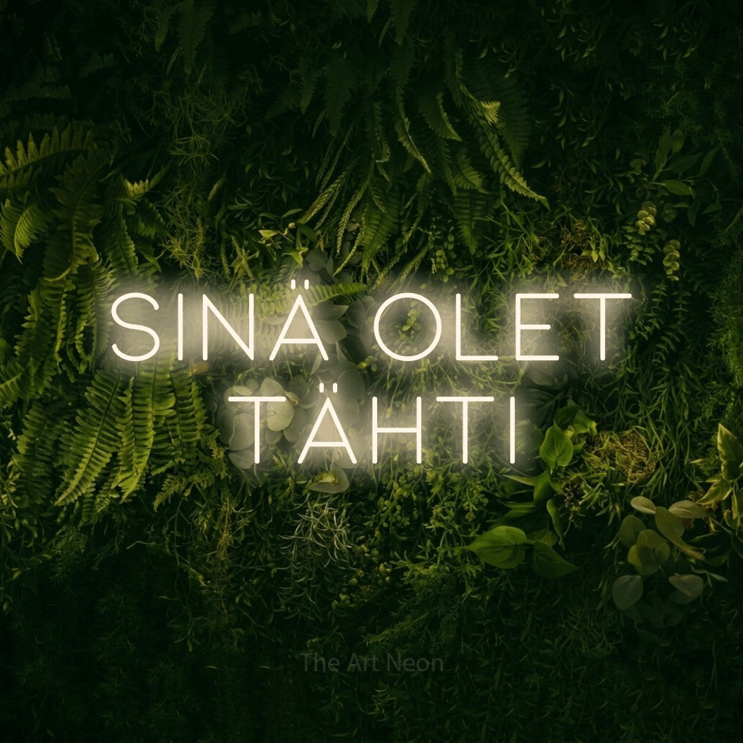 LED neon sign reading “sinä olet TÄHTI”, arranged in 2 lines.