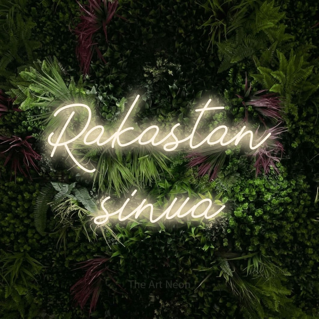 LED neon sign reading “Rakastan sinua”, arranged in 2 lines.