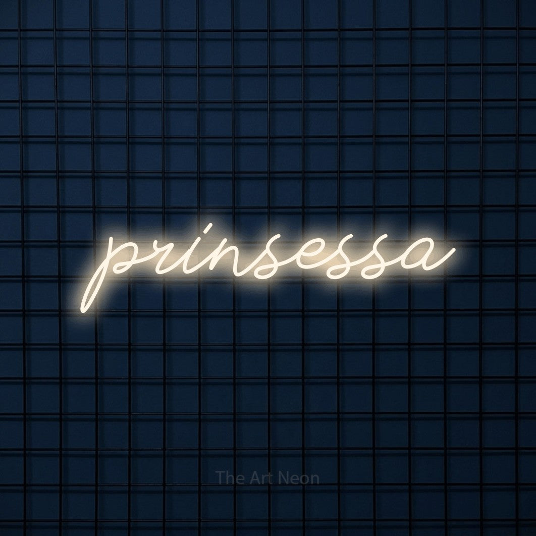 LED neon sign reading “prinsessa”, arranged in a single line.