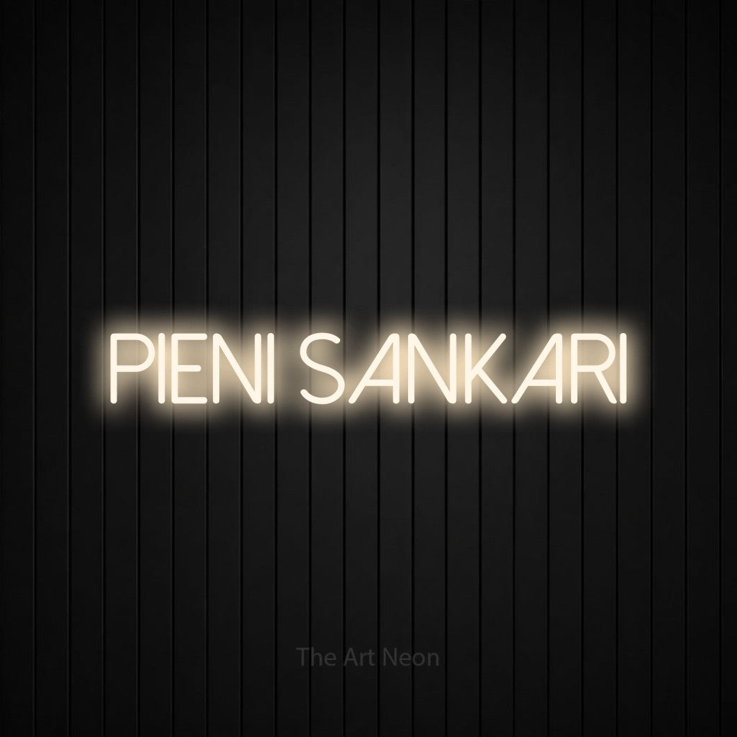 LED neon sign reading “pieni sankari”, arranged in a single line.