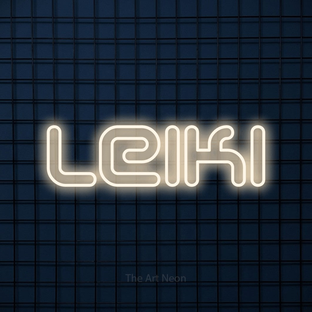 LED neon sign reading “Leiki”, arranged in a single line.