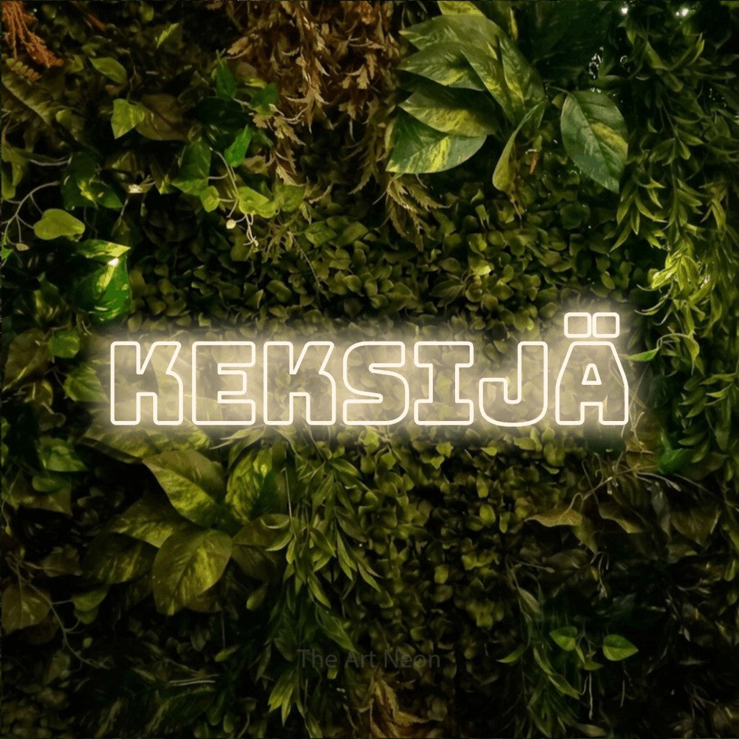 LED neon sign reading “Keksijä”, arranged in a single line.