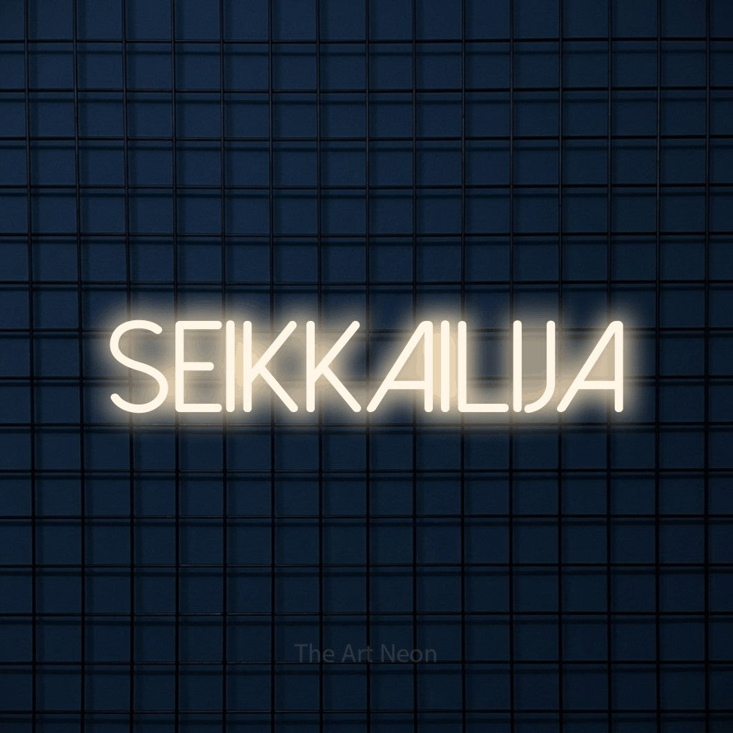 LED neon sign reading “SEIKKAILIJA”, arranged in a single line.
