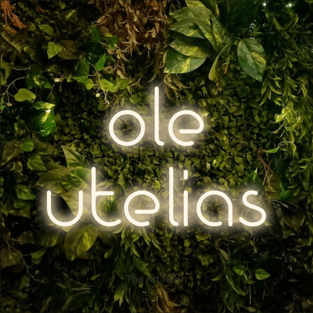 LED neon sign reading “ole utelias”, arranged in 2 lines.