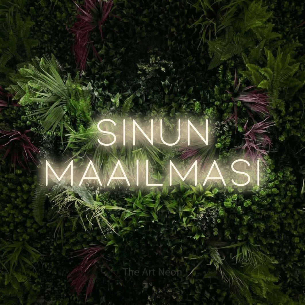 LED neon sign reading “SINUN MAAILMASI”, arranged in 2 lines.