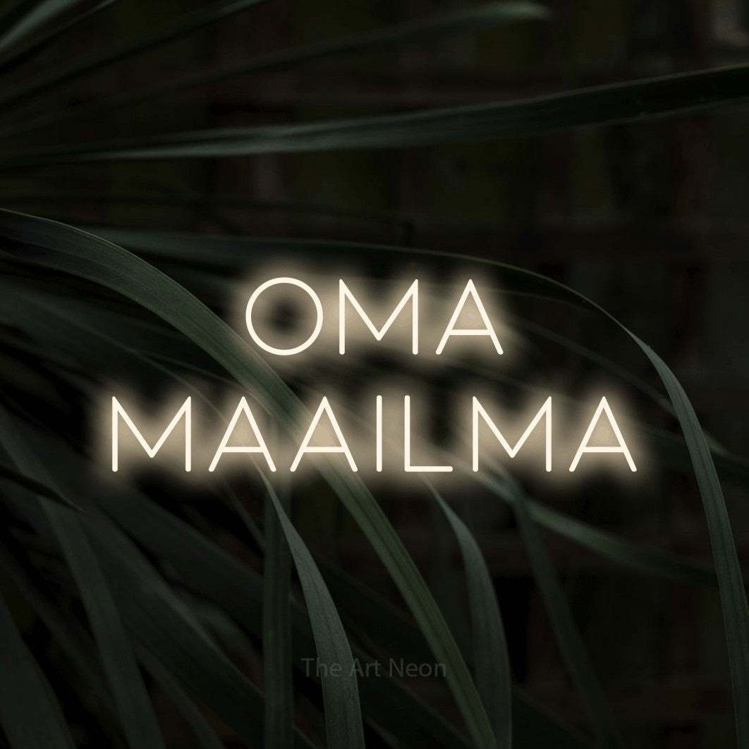 LED neon sign reading “Oma maailma”, arranged in 2 lines.