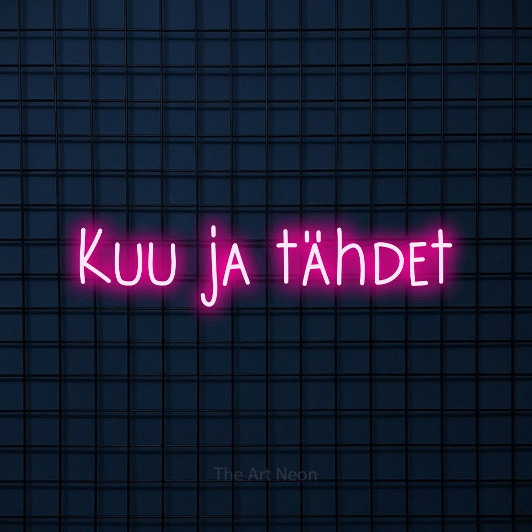 LED neon sign reading “Kuu ja tähdet”, arranged in a single line.