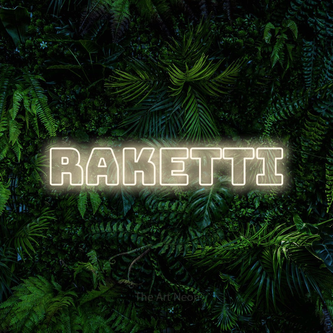 LED neon sign reading “Raketti”, arranged in a single line.