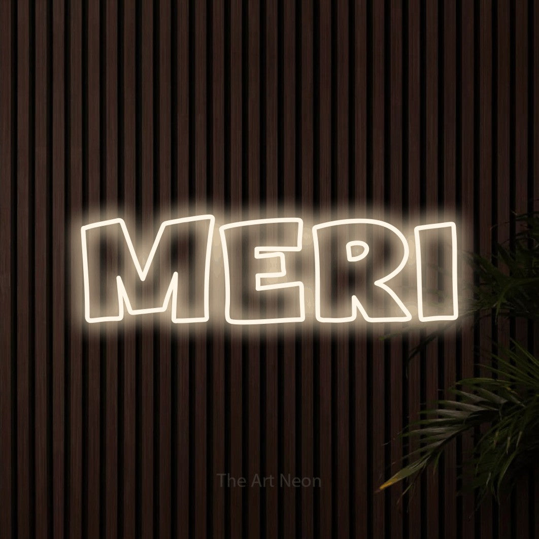 LED neon sign reading “Meri”, arranged in a single line.