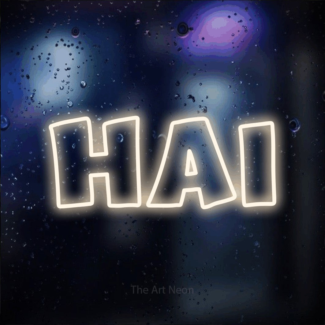 LED neon sign reading “Hai”, arranged in a single line.