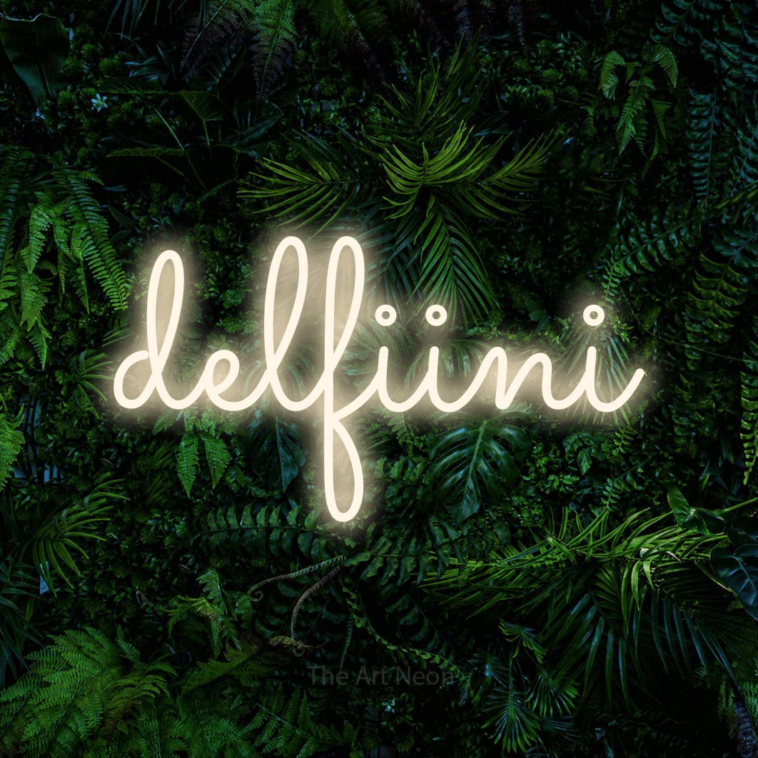 LED neon sign reading “delfiini”, arranged in a single line.