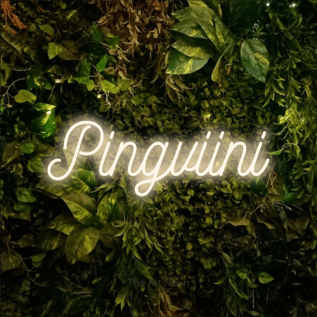 LED neon sign reading “Pingviini”, arranged in a single line.