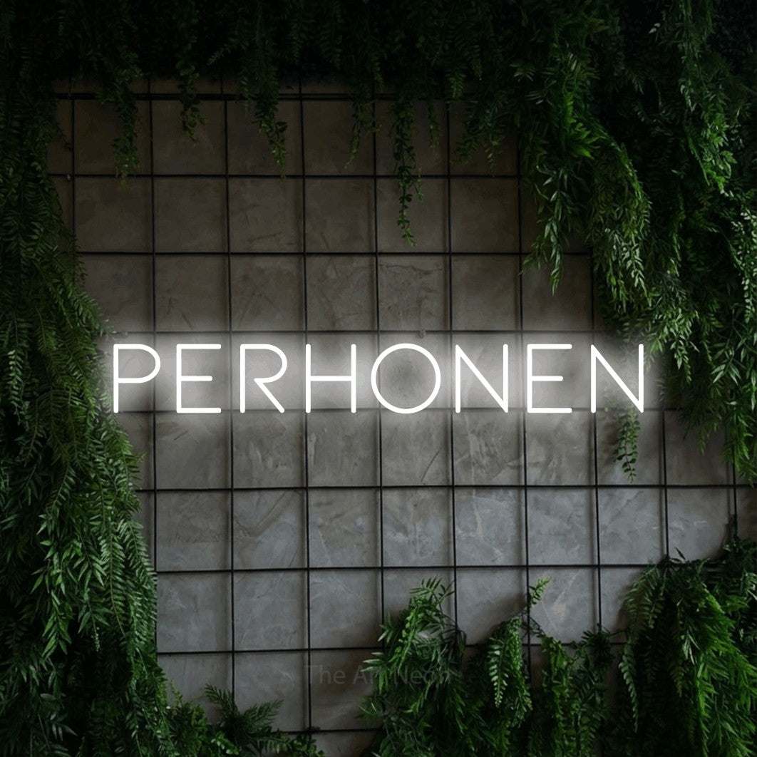LED neon sign reading “Perhonen”, arranged in a single line.
