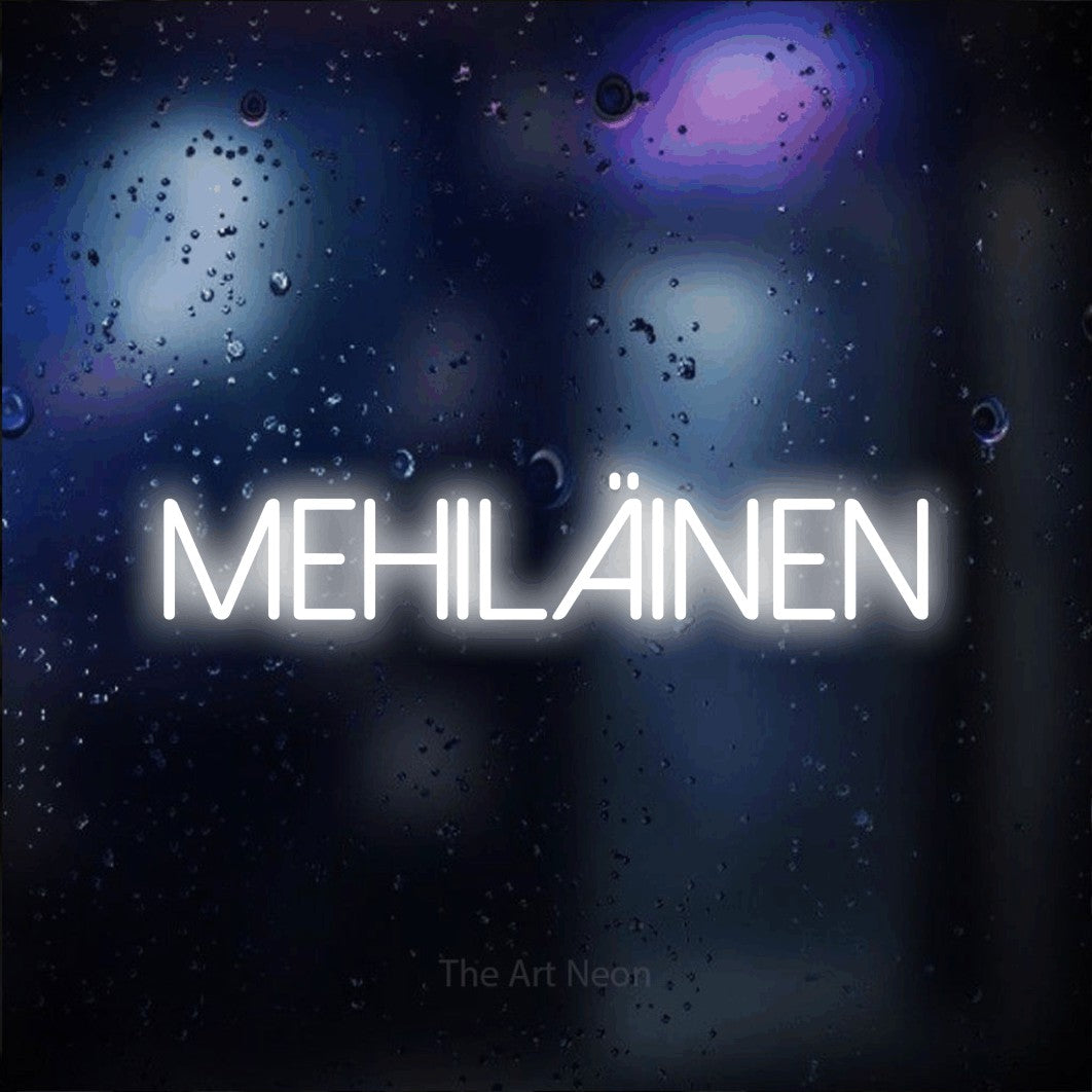 LED neon sign reading “mehiläinen”, arranged in a single line.