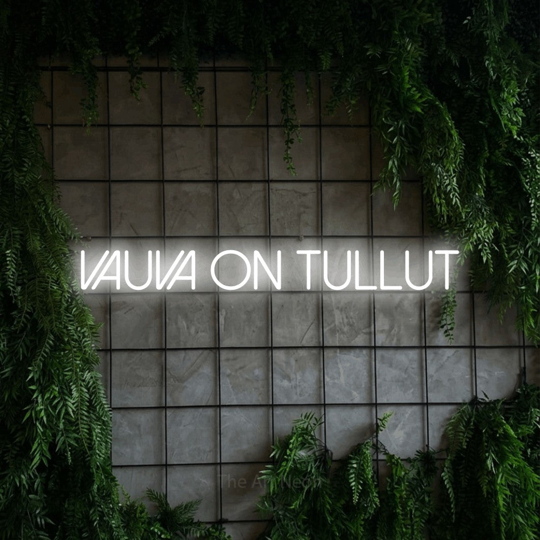 LED neon sign reading “Vauva on tullut”, arranged in a single line.