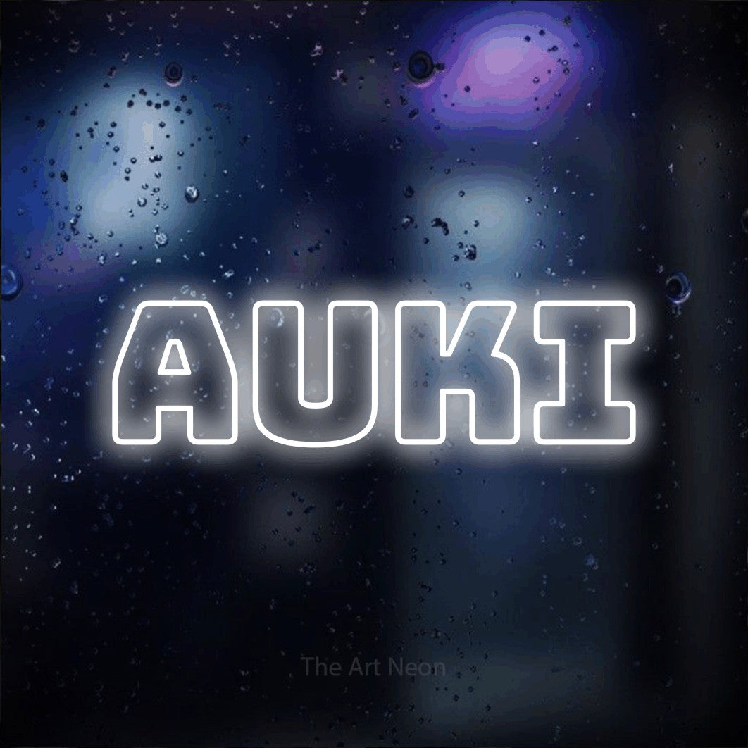 LED neon sign reading “Auki”, arranged in a single line.